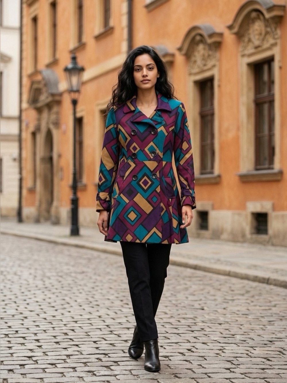 Mason Geometric Pattern Trench Coat in Teal, Burgundy & Mustard